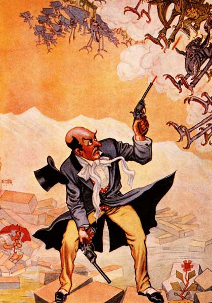 The Wizard shooting a gun at some wooden monsters